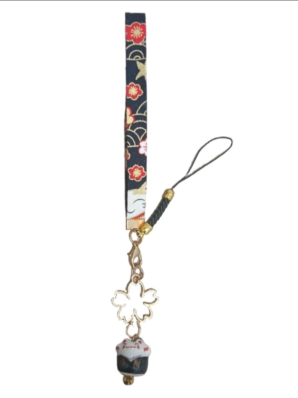 Japanese Lucky Cat Maneki Neko Phone Charm Strap with Sakura Charm & Fabric Wrap